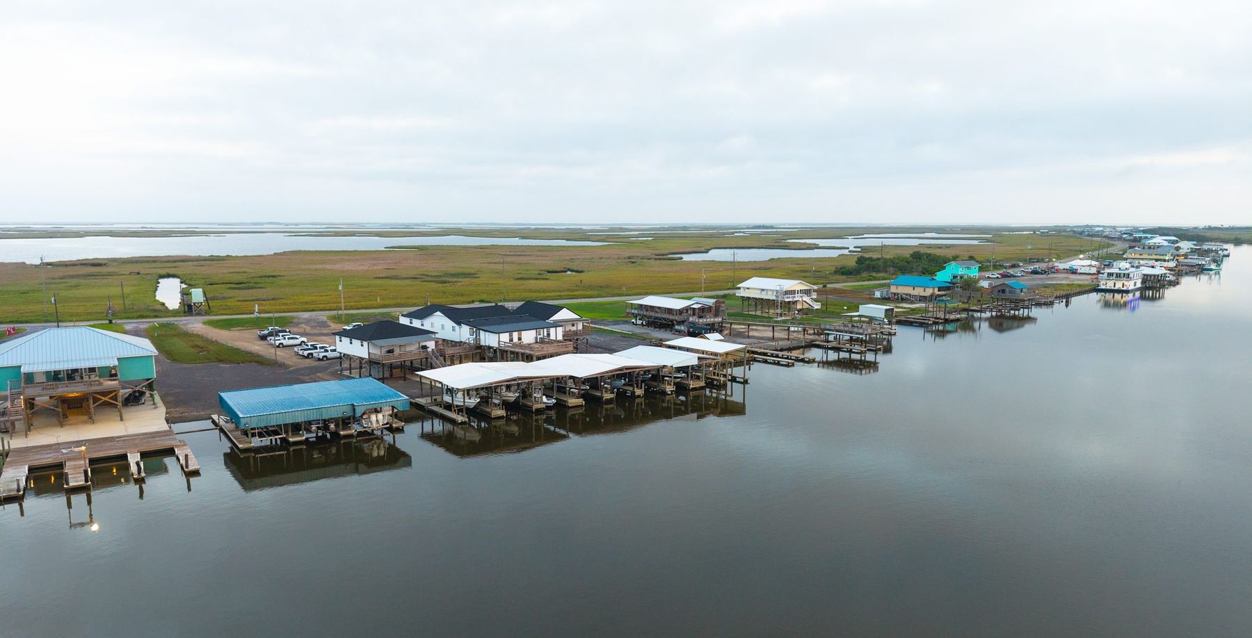 Aerial of the TopWater Charters lodges on the Louisiana coast